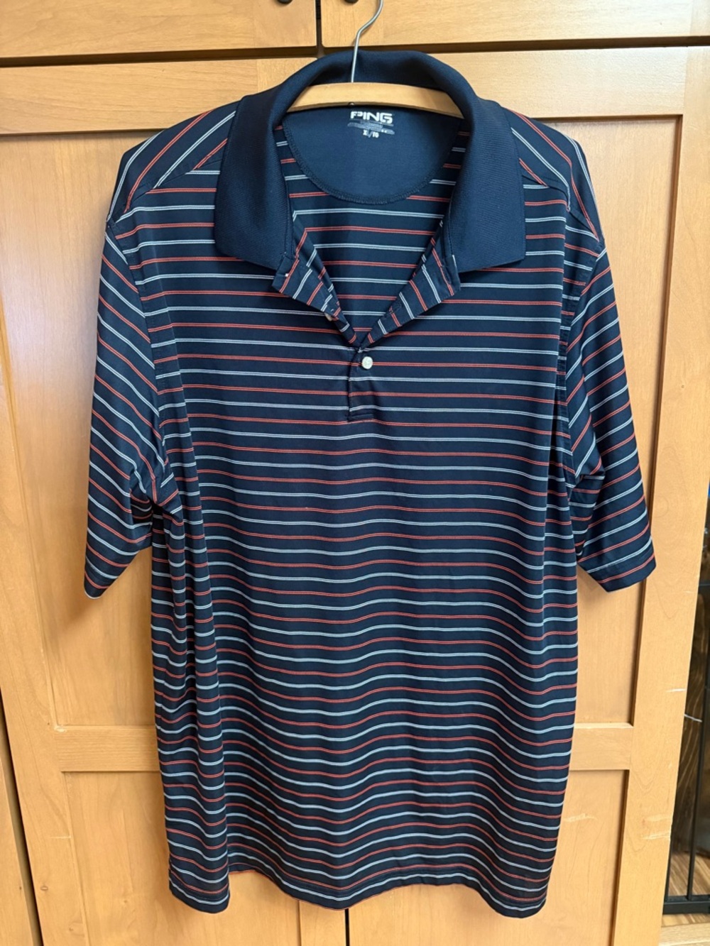 PING Navy Polo with Red and Light Blue Stripes
